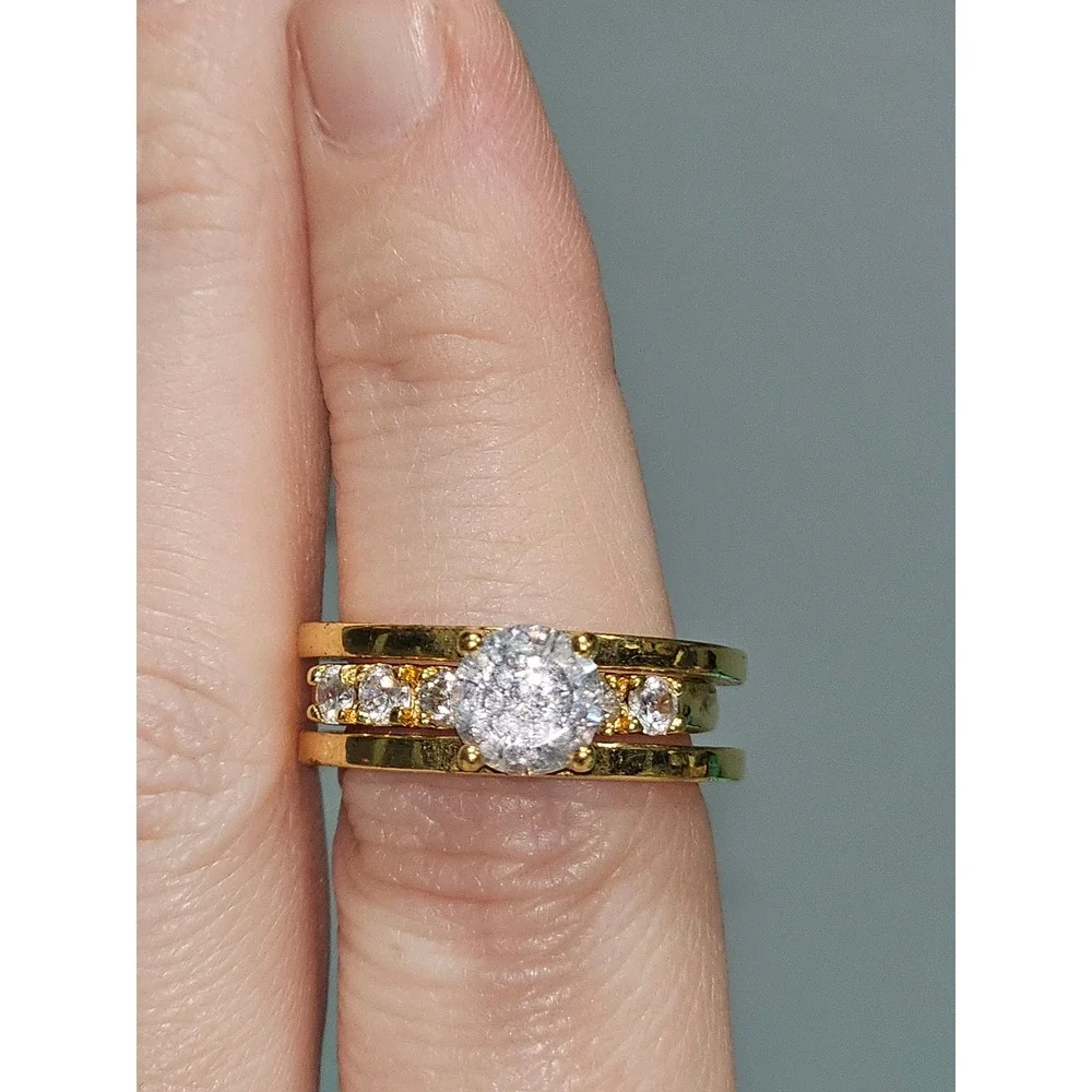 Gold Tone Cubic Zirconia Solitaire Engagement Ring & Wedding Band Set Size  7.5